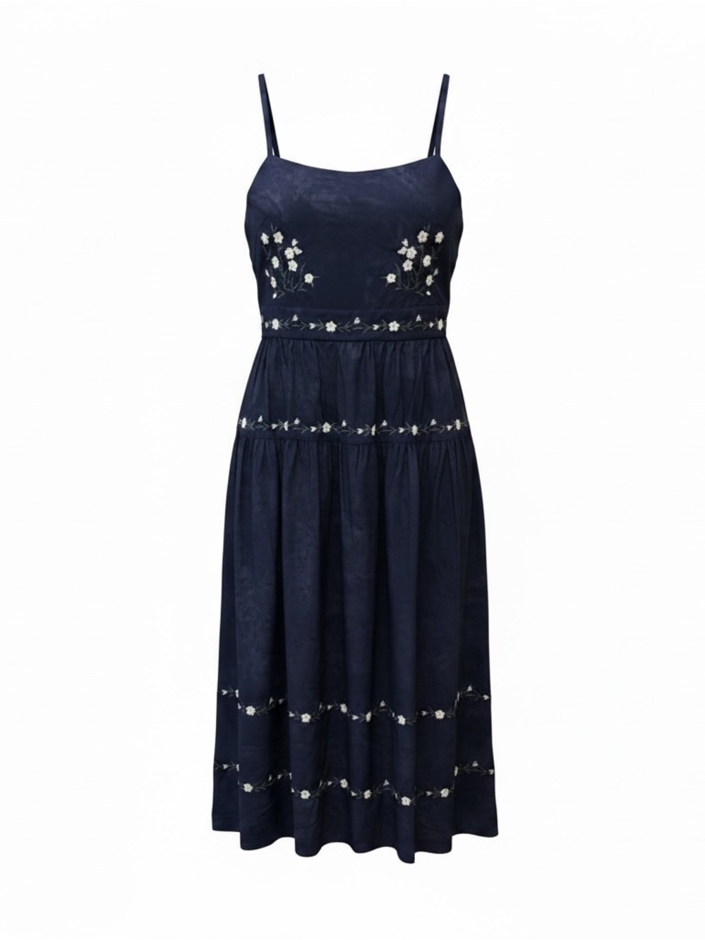 Embroidered Navy Midi Dress with Spaghetti Straps
